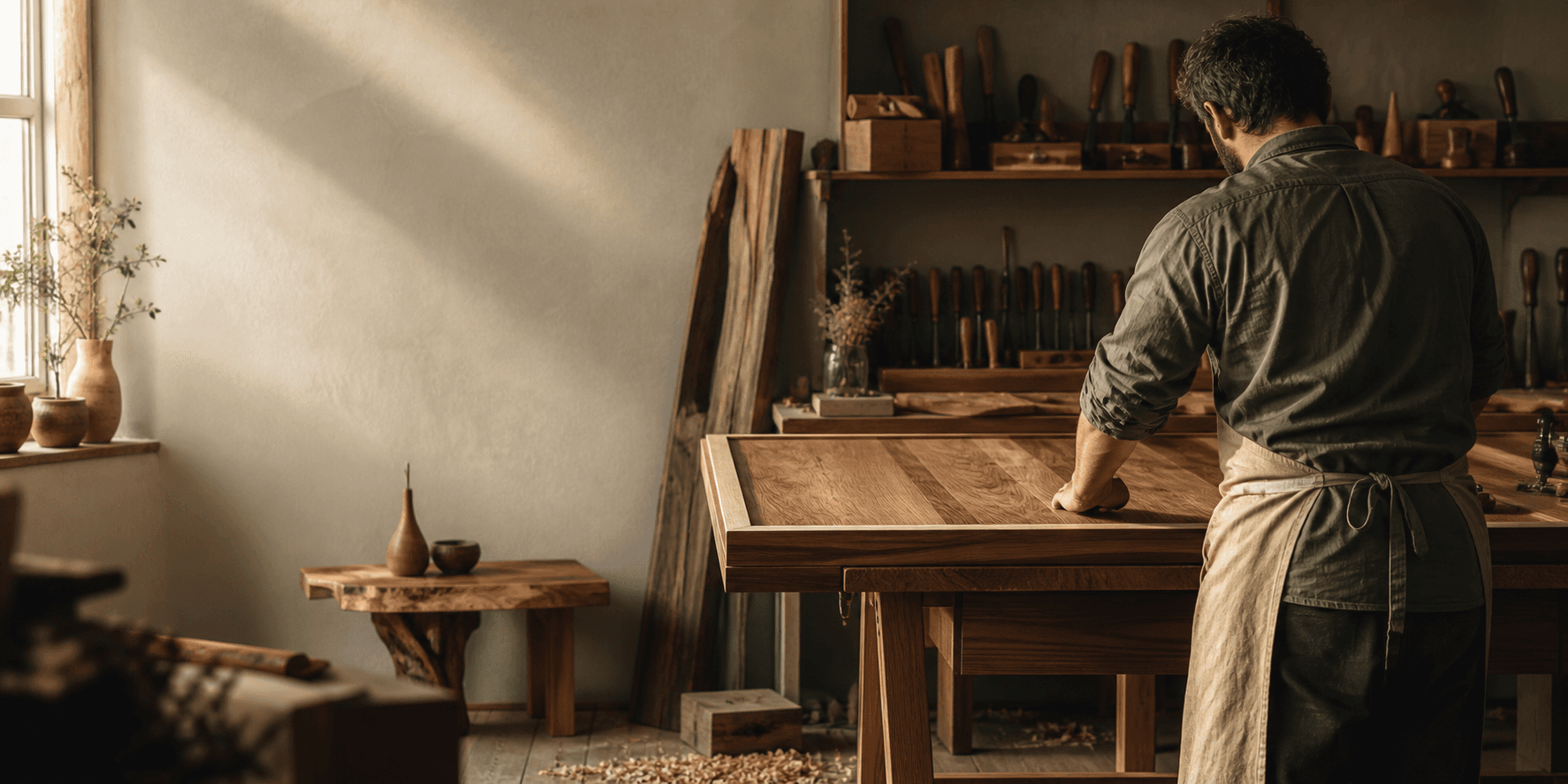 Artesano trabajando una mesa de madera en su taller